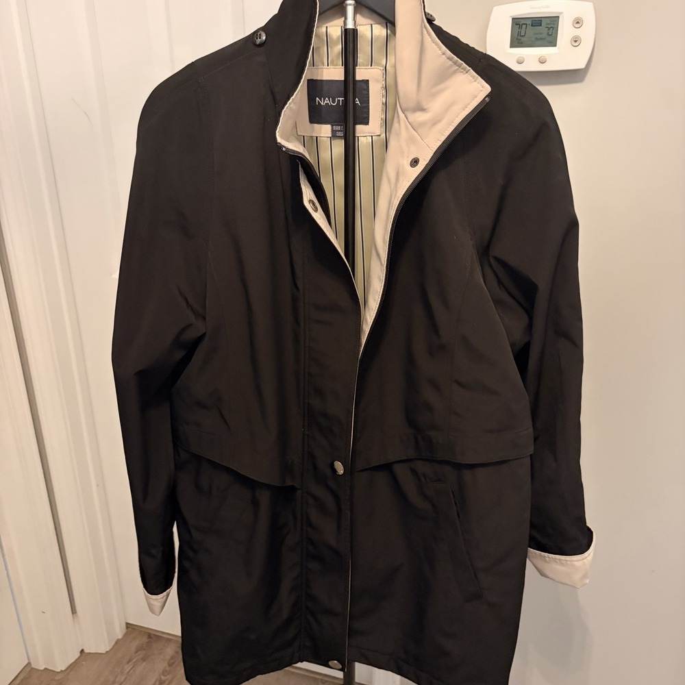 Nautica Women's Mid-Length Trench Raincoat Black Cream Trim Striped No Hood M